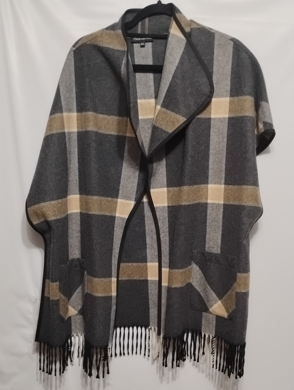 Estelle And Finn Windowpane Gray Plaid Fringe Cape with Beige Stripes Poncho